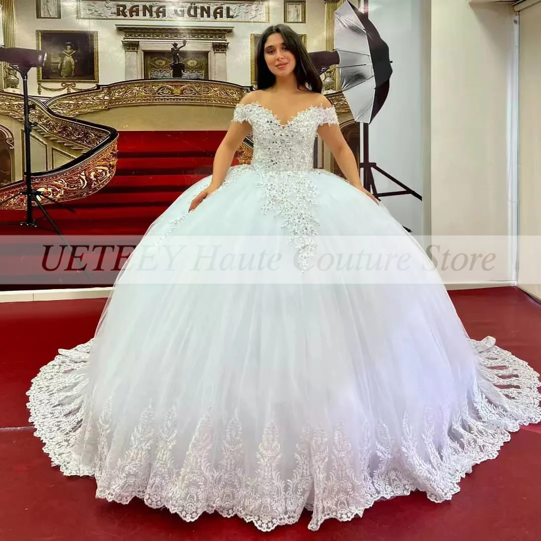 สีขาว Quinceanera ชุดเดรสแต่งงานลูกไม้ Appliques Sequined Tulle วันเกิดพรหม Dresses Vestidos De 15 Quinceañera