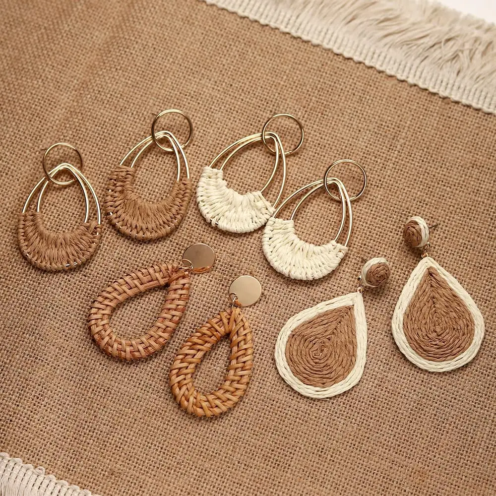 1 or 4 Pairs Handmade Raffia Rattan Bohemian Round Drop Dangle Earrings for Women, Boho Statement Cute Fun Hoop Earrings Set