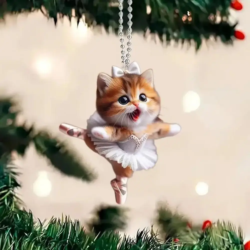 Exquisite Car Accessory Ballet Kitten Car Ornament Christmas Tree Ornament Cartoon Cat Pendant with Lanyard Acrylic for Holiday