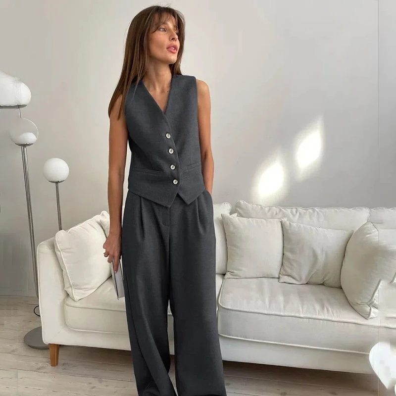 New Unisex Minimalist Grey Sleeveless Vest Set Fashionable and Versatile Women's Two-piece Set