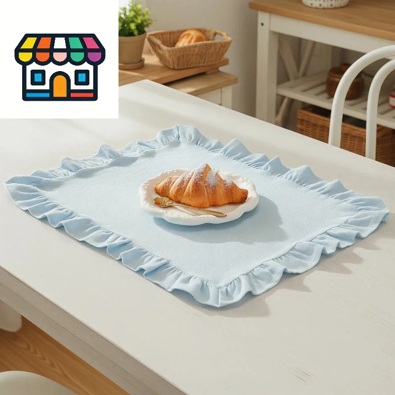 Decorative Ruffle Placemat Set in Pink Blue Stripe Suited For Kitchen Dining Room Spaces