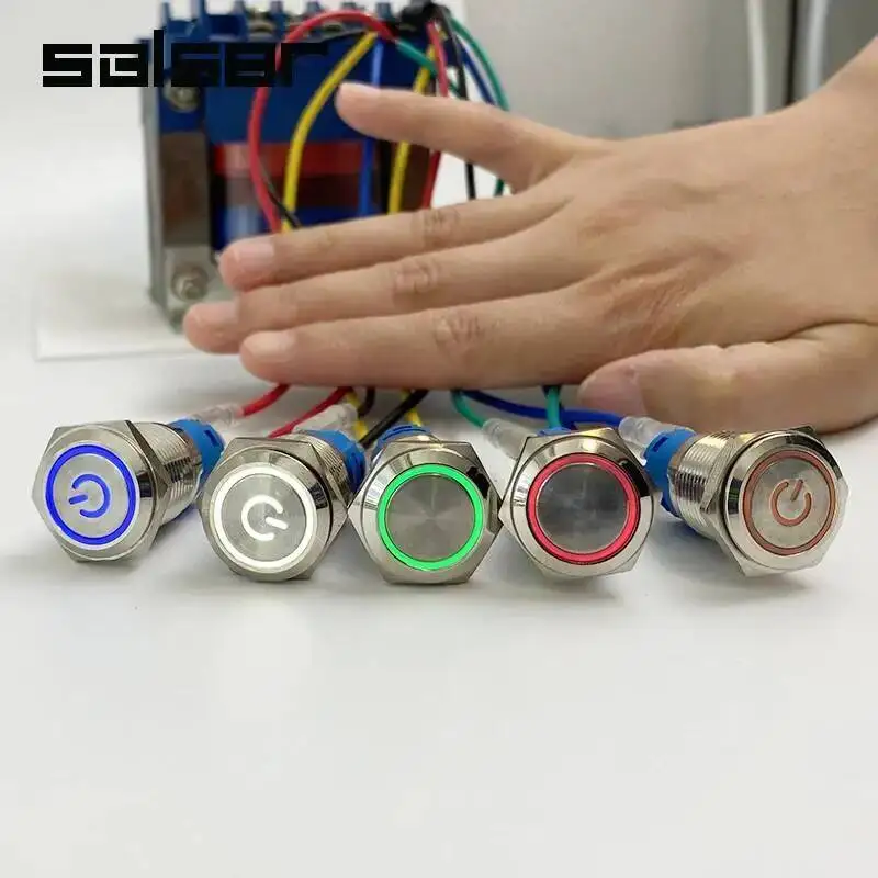 19mm Waterproof LED Light Anodize Black Momentary Latching Car Engine PC Power 3-380V DIY Metal Push Button Switch