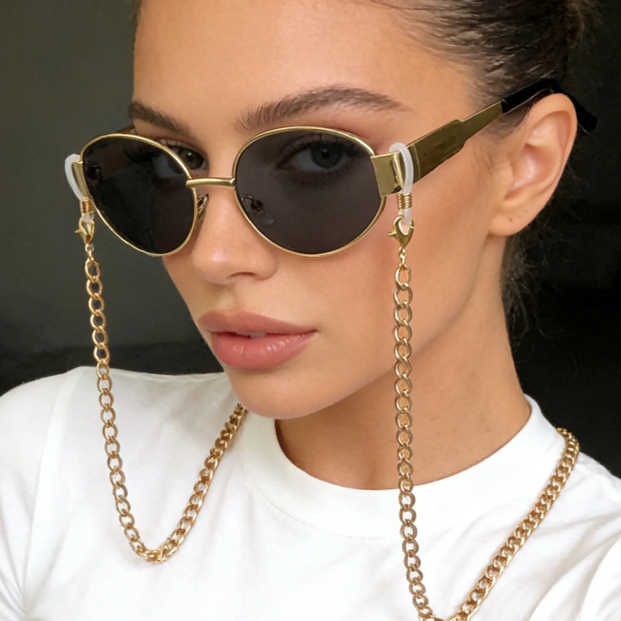 Trendige ovale Retro-UV400-Sonnenbrille, modische Brillenschirme mit modischer Brillenkette, perfekt für Strandausflüge, Autofahren