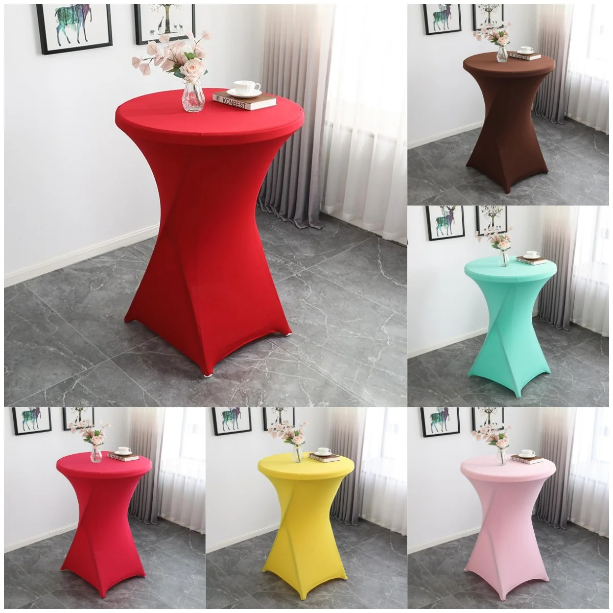 

Factory Direct Sales Bar Table Cloth Solid Color Cocktail High Bar Table Cover Lifting Round Elastic Table Cover