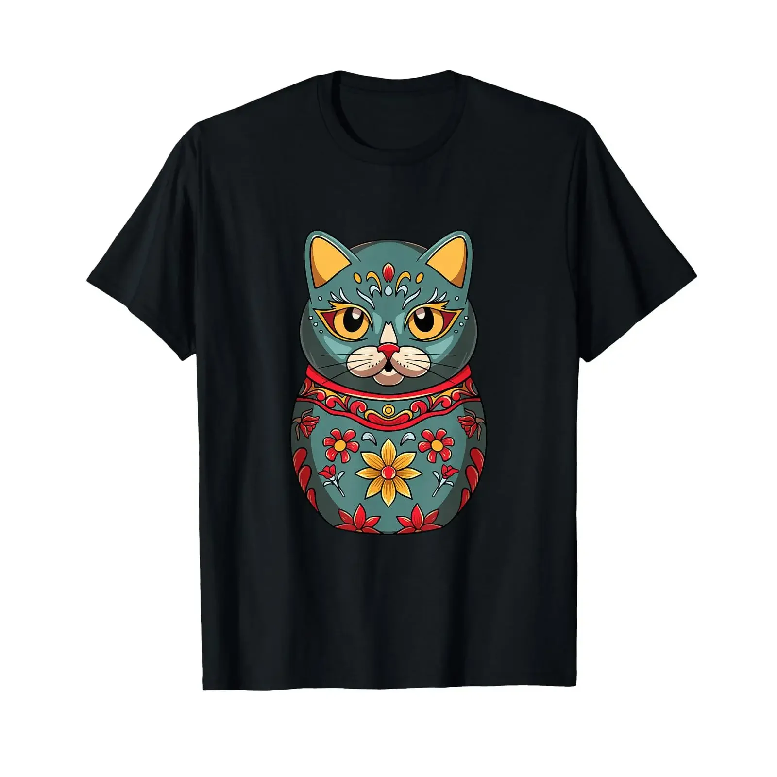 Nesting Doll Russia Russian Matryoshka Cat T Shirt black vintage Washed fashion Casual Breathable Comfortable Slightly