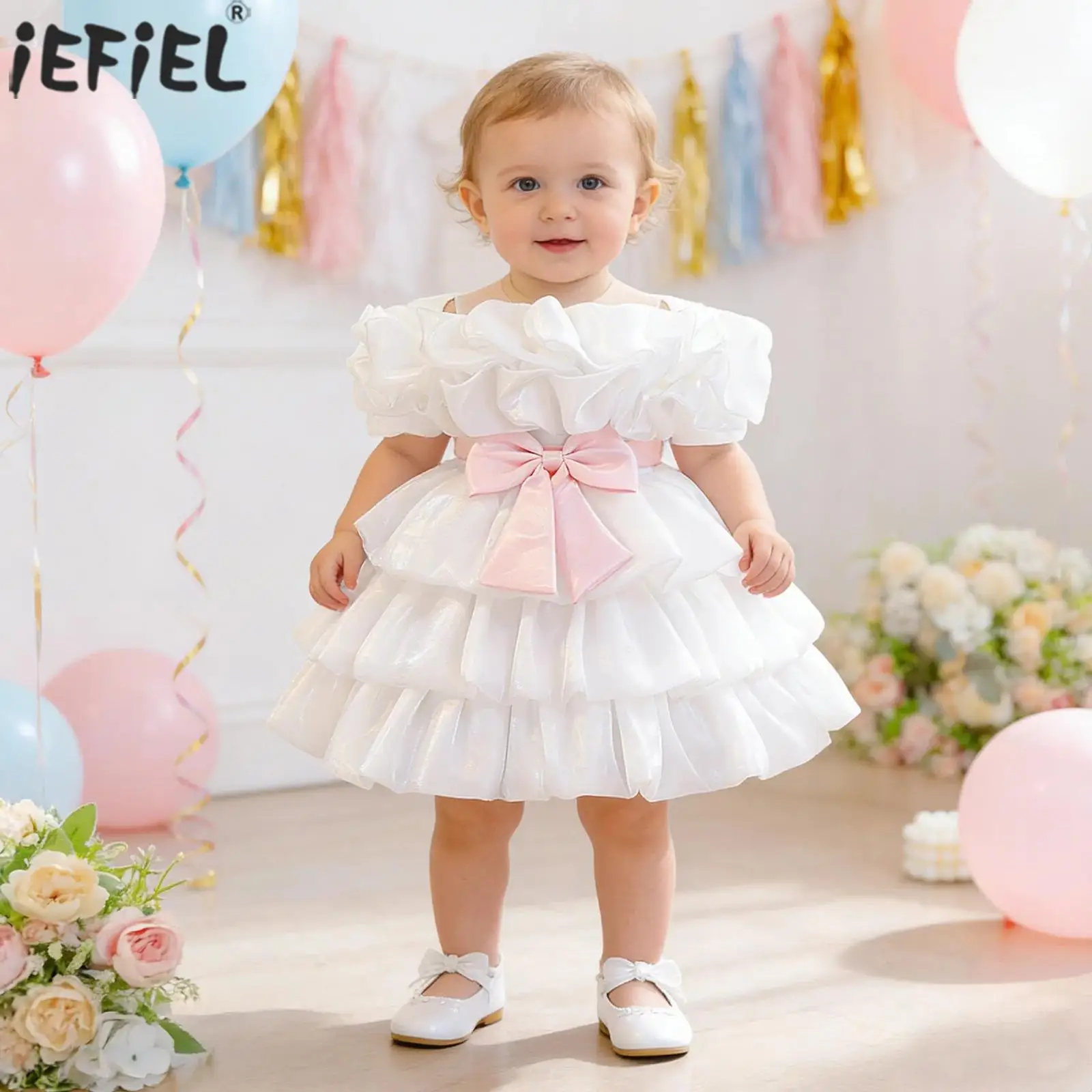 

Детское платье принцессы для девочек с цветочным узором, милым бантом, блестящими многоярусными оборками, нарядное платье для свадьбы, дня рождения, праздника