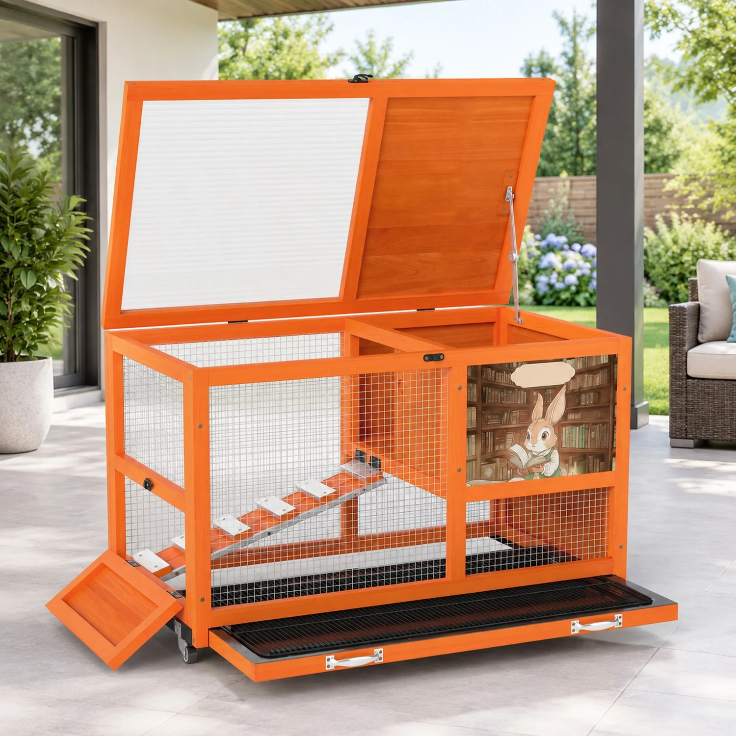 2-Tier Wooden Rabbit Hutch, Indoor Outdoor Small Animal Cage on Wheels, Locking Door Bunny Enclosure with Removable Tray
