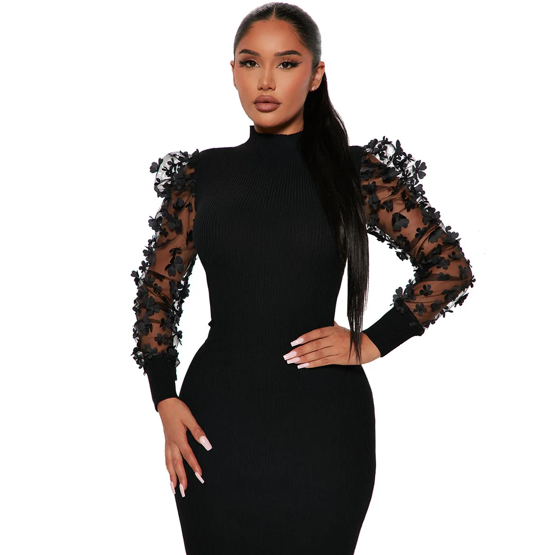 Robe fourreau pour femmes, Sexy, droite, transparente, col mi-haut, fleur tridimensionnelle, bureau, automne 2025