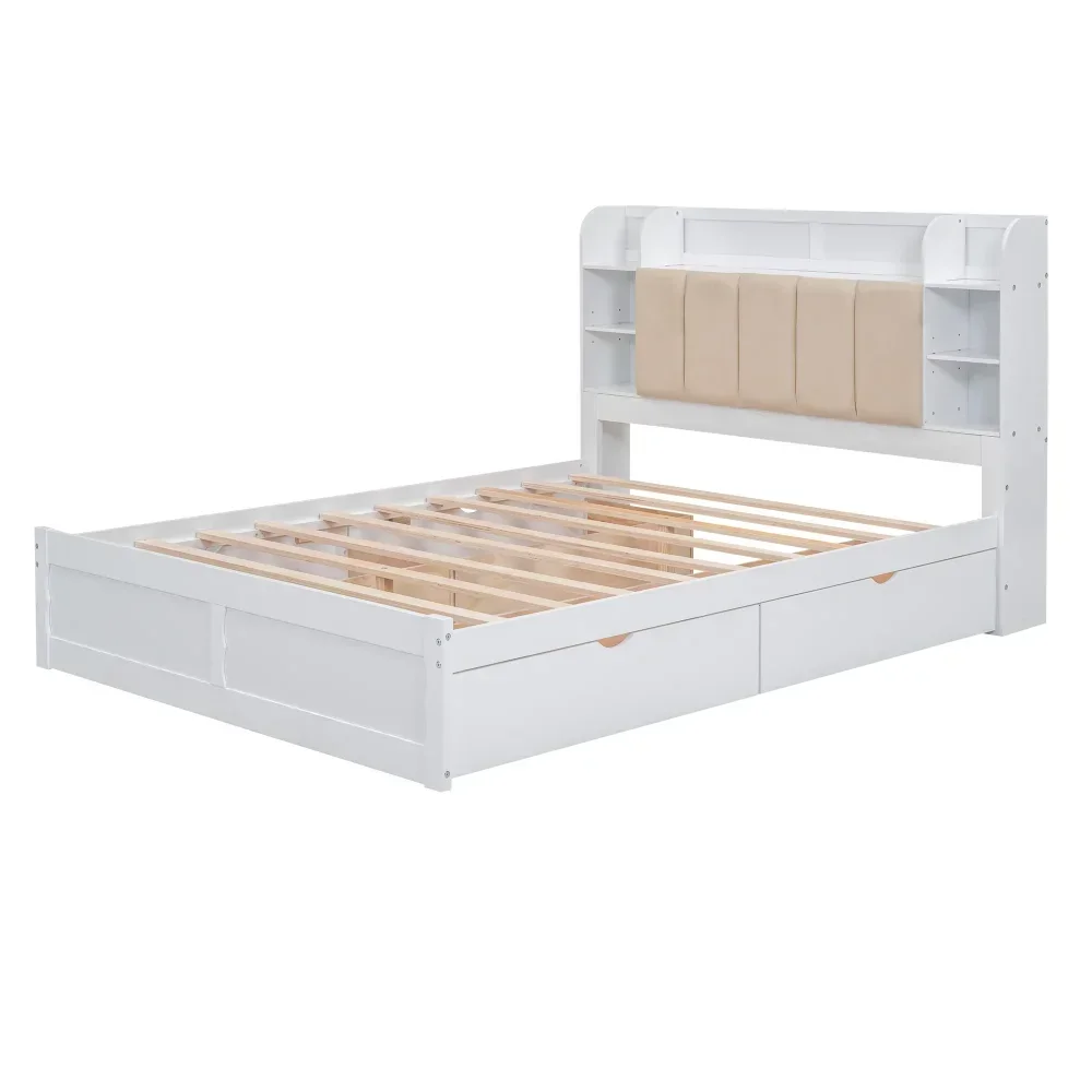 Upholstered Queen Bed, Wood Platform Bed with Shelves and Drawers for Adults, Heavy Duty for Bedroom,Guests Room,White