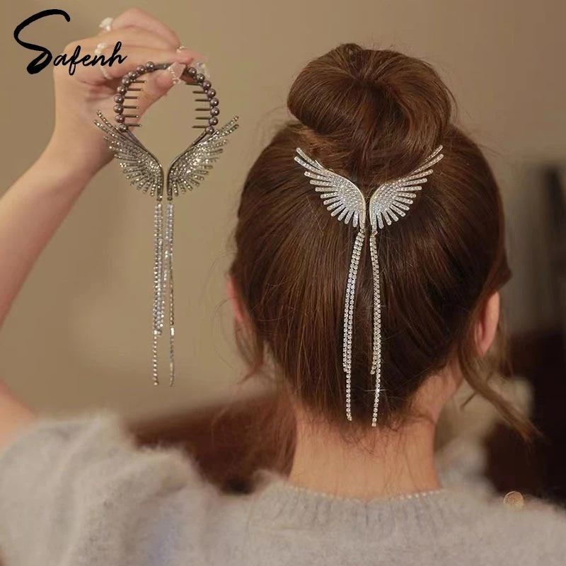 New Angel Wings Hair Bun Hair Clips Women Girls Rhinestone Tassel Ponytail Button Hairpin Golden Fashion Accessories