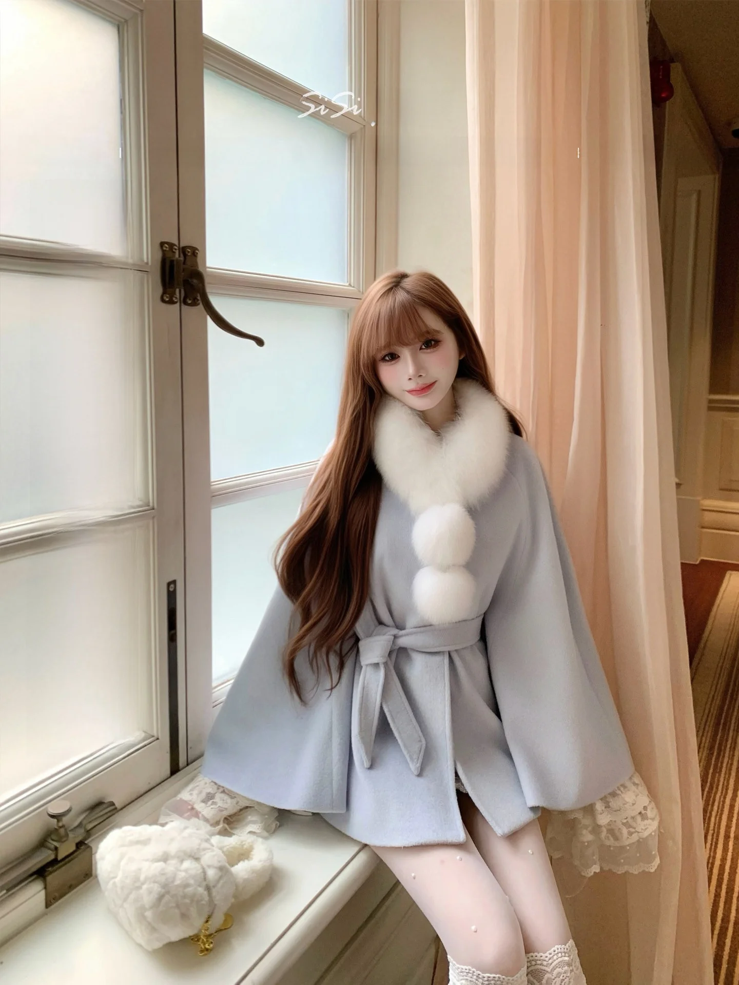 

Синее шерстяное пальто-накидка с поясом, осенне-зимнее, теплое, свободного кроя, с длинными рукавами, V-образным вырезом, однотонное, для повседневной носки