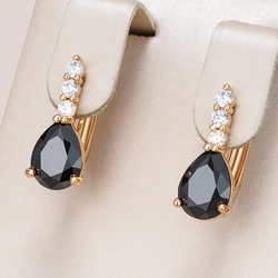 Kinel Hot Shiny Water Drop Black Natural Zircon English Earrings for Women Trendy 585 Rose Gold Color Bride Wedding Fine Jewelry
