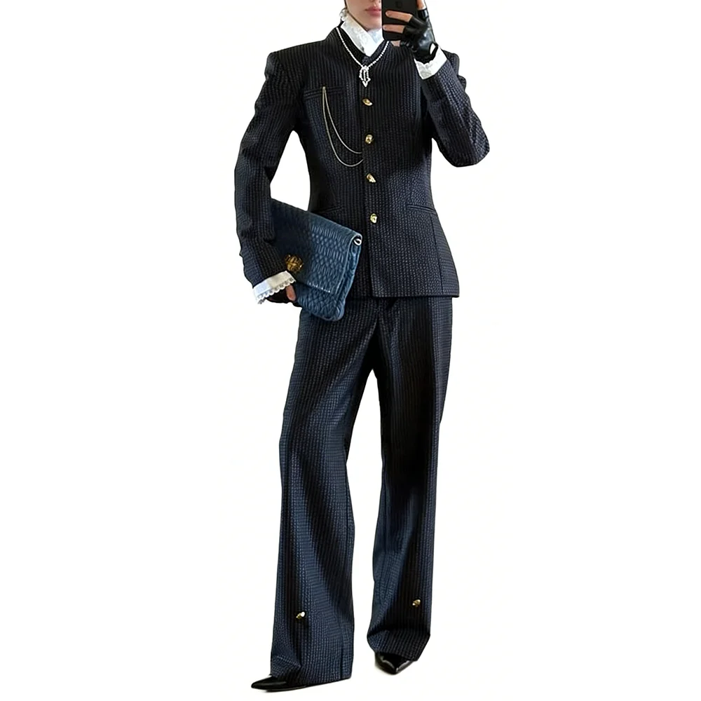 Dark Houndstooth Tailored Women's Suit Set Single Breasted Stand Collar Blazer Modern Vintage 2 Piece for Formal Evening Parties
