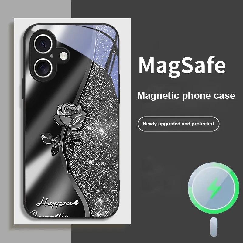 

Starry Sky Metal Rose For Magsafe iPhone 17 Pro Max 16E 15 Pro 14 13 Plus 12 mini 11 XR Xs X 7 8 16 17 Air Glass Phone Case