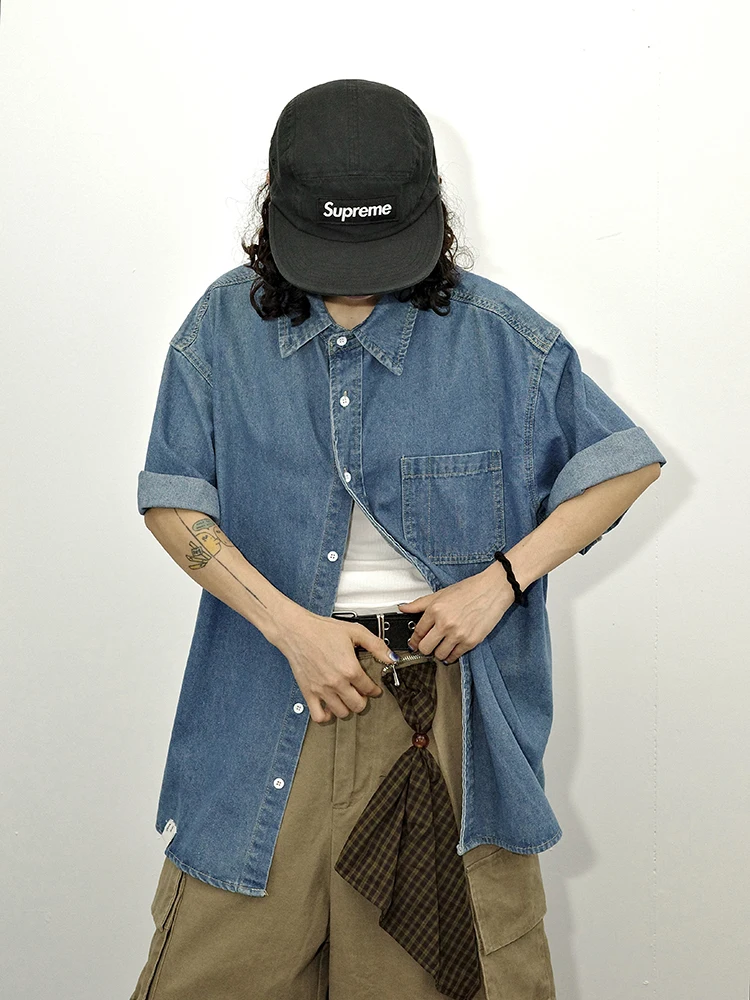 

Guluwoo Summer Vintage Japanese Style Workwear Couple's Shirt Loose Washed Denim Short Sleeve Cotton Casual Citywalk Top