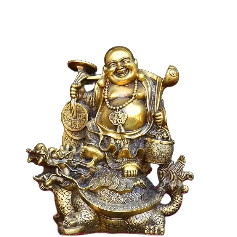 Brass Dragon Turtle Buddha Bronze Ware Big Belly Maitreya Buddha Laughing Buddha Ornament Home Living Room Entrance Decoration