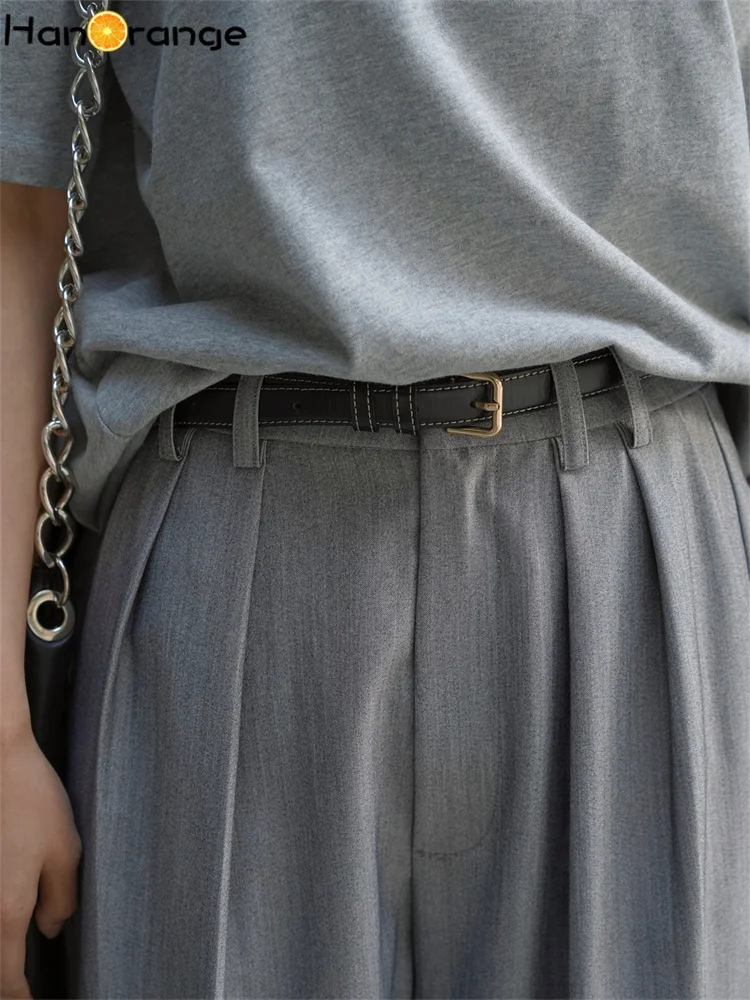 HanOrange 2025 Summer Retro Pleated Wide Leg Pants Smooth Drape Loose Casual Trousers Apricot/Gray/Navy Blue