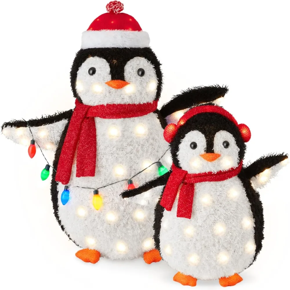 

2-Piece Lighted Penguin Family, 3ft Pop-Up Outdoor Christmas Holiday Decoration w/ 150 LED Lights, Multicolored Lights - Red