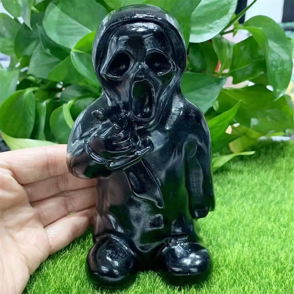 Natural Black Obsidian Killer Cartoon Carving Handmade Carved Crafts Figurine Healing Ornament Room Decor 1PCS