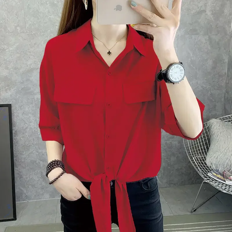 

Fashion Lapel Spliced Pockets Button Oversized Bandage Chiffon Shirt Summer New Commute Tops Loose Casual Women's Blouse X689