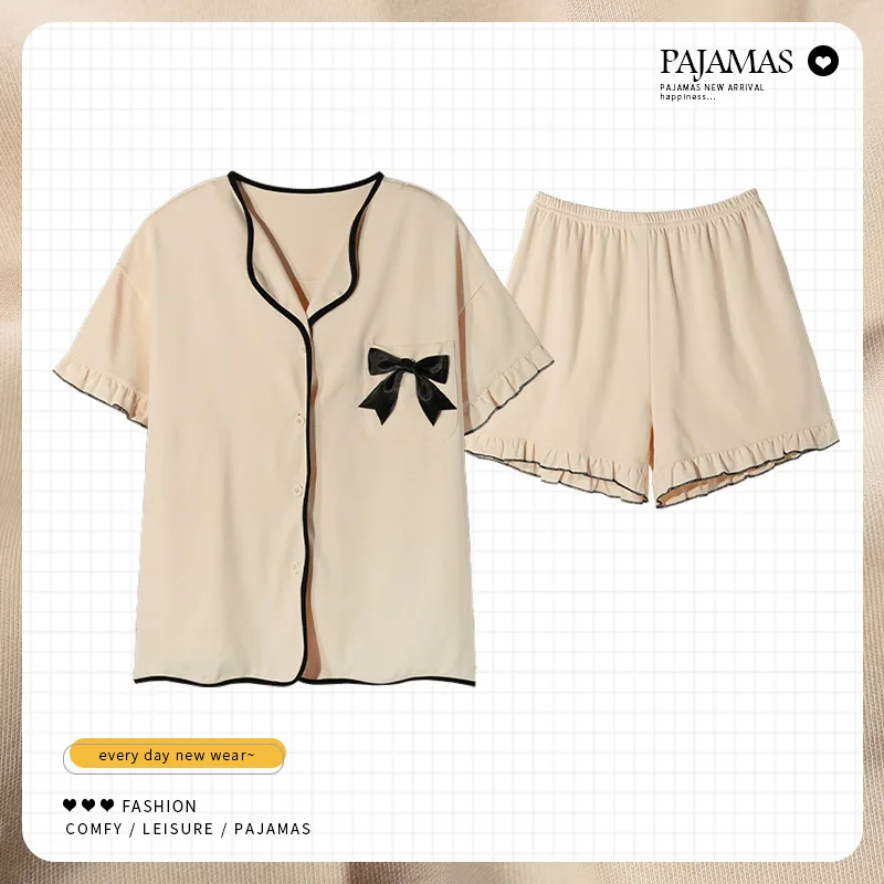 Ensemble de pyjama en coton imprimé 2 pièces pour femmes, vêtements de nuit à manches courtes, short, poche, boutons, vers le bas, vêtements d'intérieur, été