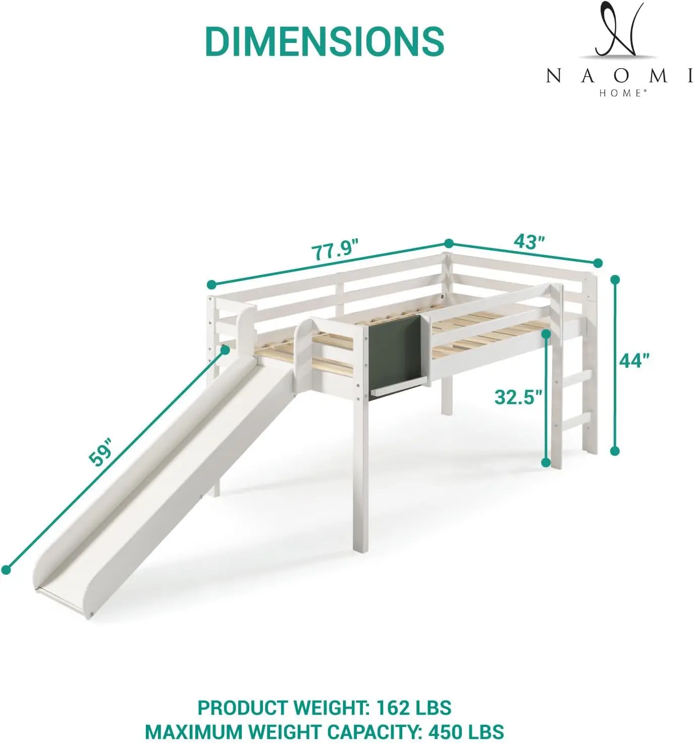 I Home Cindy tempat tidur loteng anak dengan Slide, tempat tidur loteng kembar dengan Slide, tempat tidur loteng dengan Slide, tempat tidur loteng dengan tangga, Chalkb