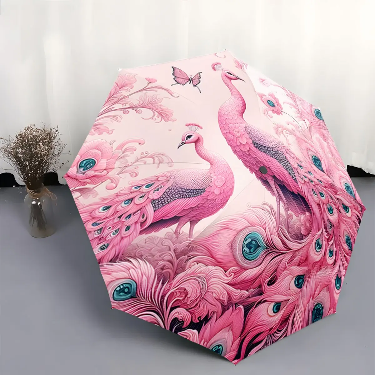 

Automatic Folding Umbrella with Pink Peacock Design - 8-Rib Durable Frame, Portable Collapsible, Elegant Floral Pattern for Ou