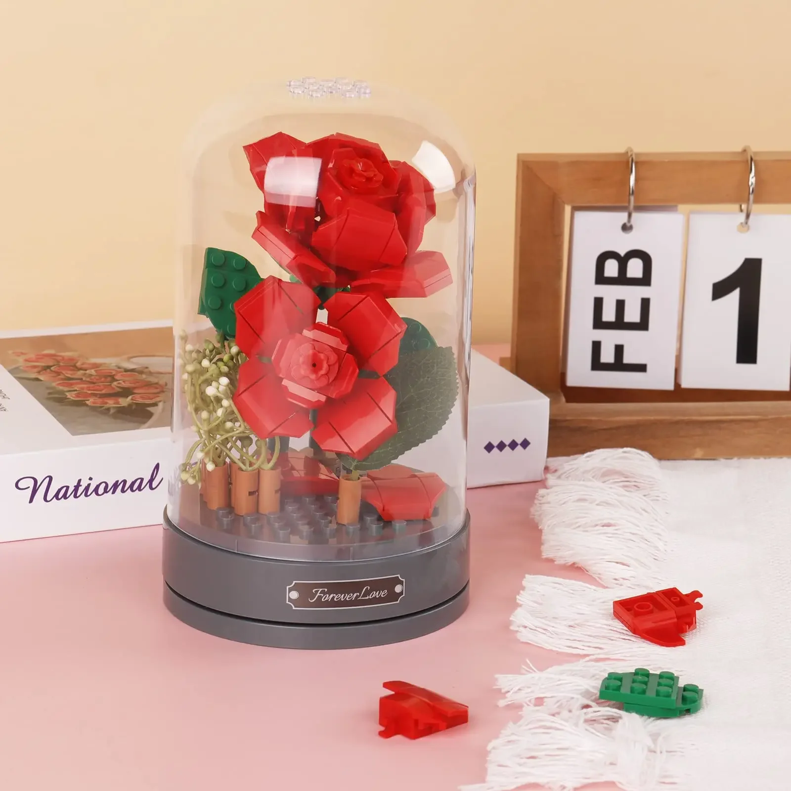 

Музыкальная шкатулка, букет роз, строительные блоки, игрушки, креативный вращающийся бессмертный цветок, город MOC, цветок, сделай сам, сборные кирпичи, игрушки для девочек