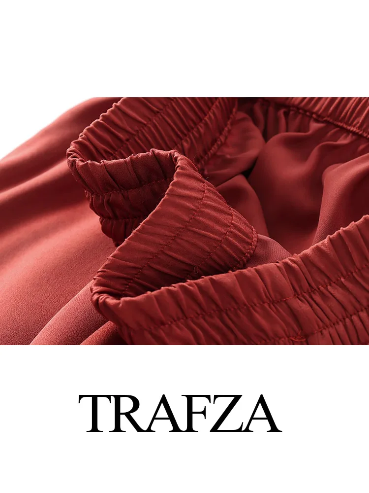 TRAFZA-Pantalon artificiel astique à Jambes Larges pour Femme, Poches Latérales Slim, Couleur Unie, Mode Décontractée, Décoration Fjj, Été