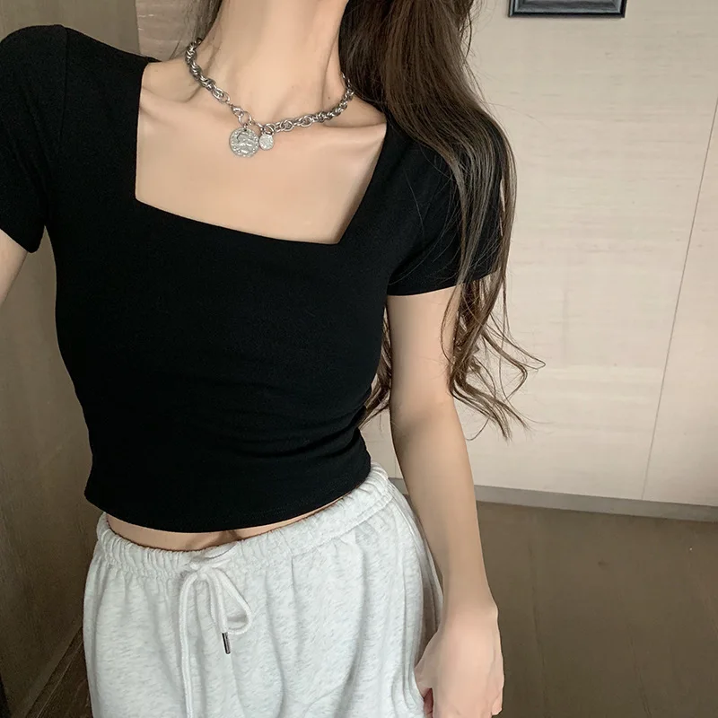 Y2K Summer T-shirt Women New Slim Korean Fashion Crop Top Square Collar Short Sleeves Tee Shirt High-Waisted T-Shirt Woman