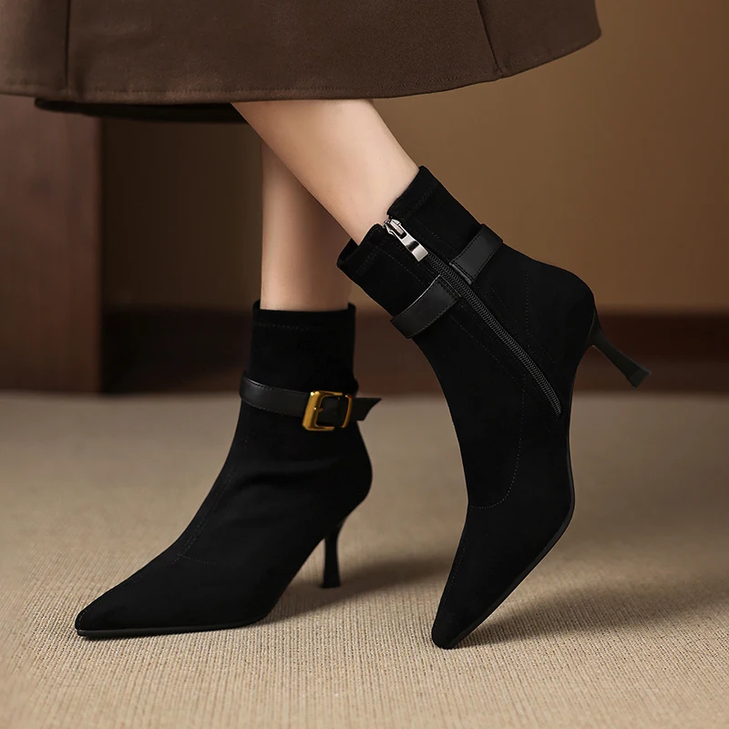 

2026 новые осенне-зимние женские ботильоны 22-24,5 см, эластичные фланелевые ботинки с острым носком и пряжкой, современные ботинки, короткие ботинки на каблуке с молнией сбоку