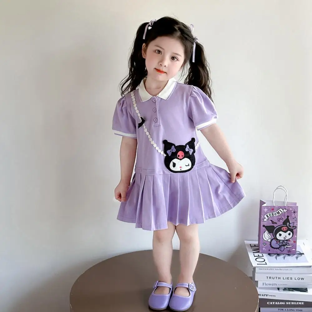 

Sanrio Girls Dress Kuromi Summer Children's Cartoon Polo Pleated Princess Skirt Child Sweet Short Sleeves 3-10Y T-Shirt Skirt