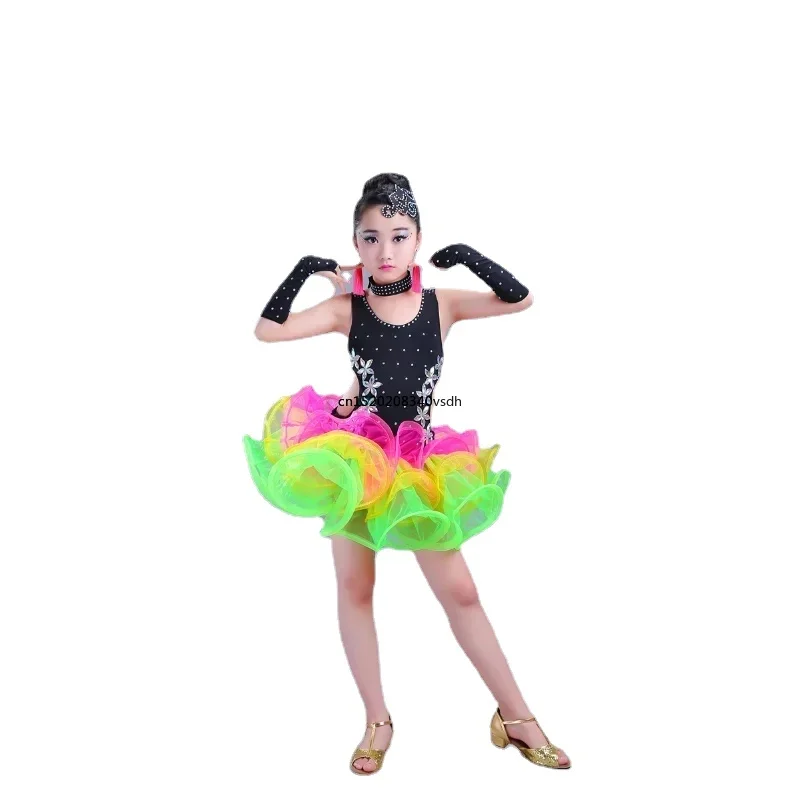 Children Jazz Latin Dance wear Costumes Girls Sequined Ballroom Dancing dress Kids salsa Latin dance Outfits Performance