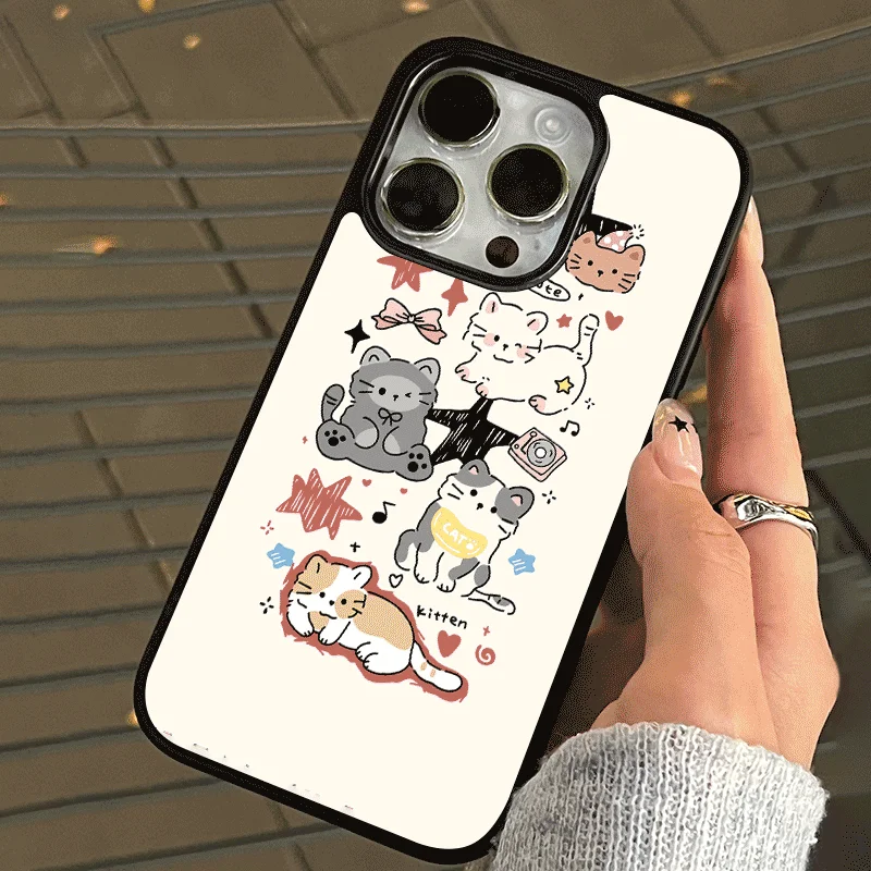 Blinking Kitten Cartoon Black Border Graffiti Mobile Phone Case for IPhone 16 15 14 11 12 13 Pro Max Phone Case for IPhone XR X