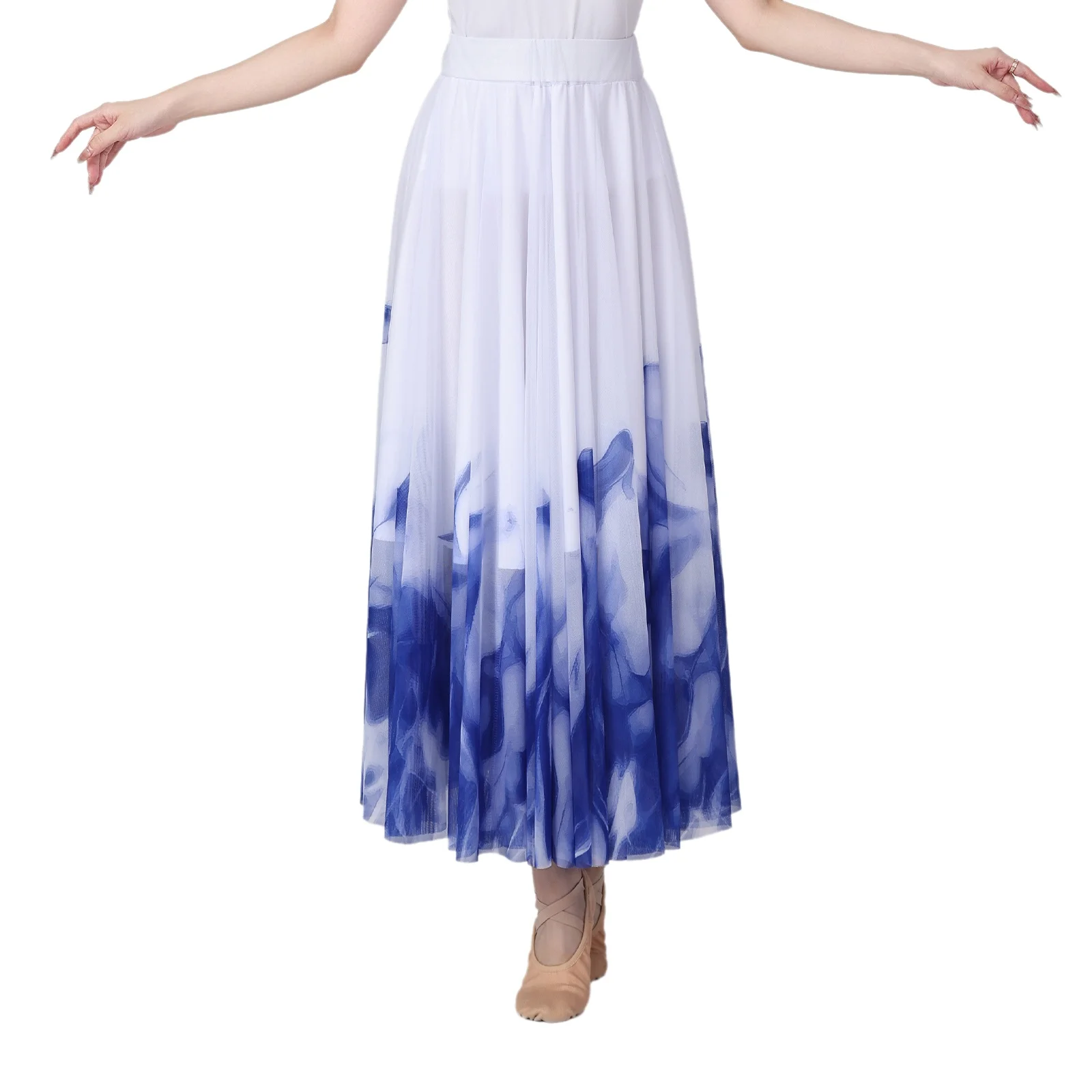 

Women Oriental Dance Ink Painting Pattern Elastic Waistband Contrast Color Skirt Classic Lyrical Dance Costumes Modern Dancewear