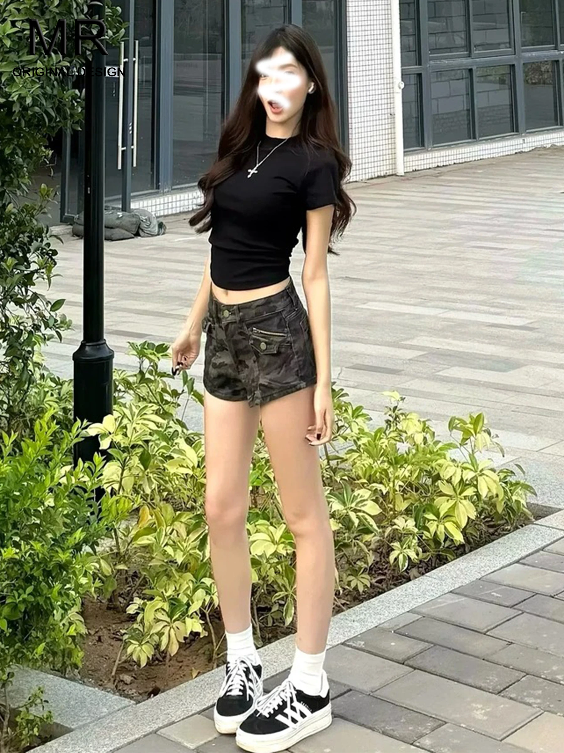 

Grey American Style Hot Girl Camouflage Denim Shorts Women's Low Waist Slim A-Line Workwear Hot Pants Spring Summer Casual