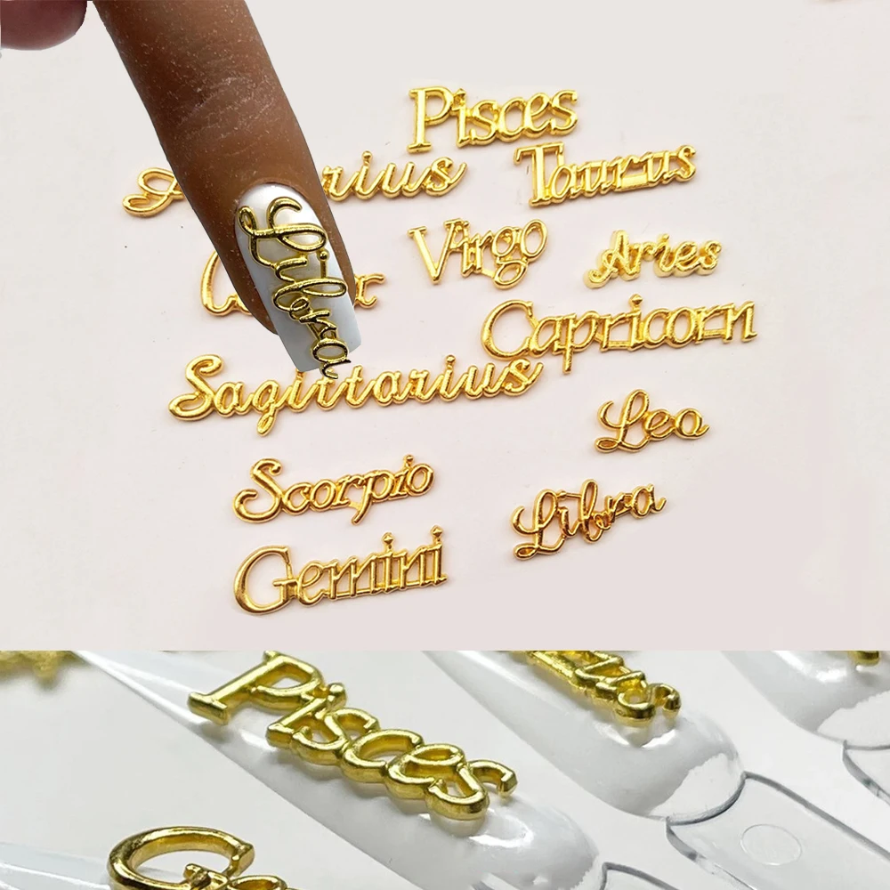 12 ピース/セット 3D ゴールド/シルバー合金星座文字デザインネイルアートチャームアルファベットネイルアートの装飾ジュエリー DIY マニキュア用品