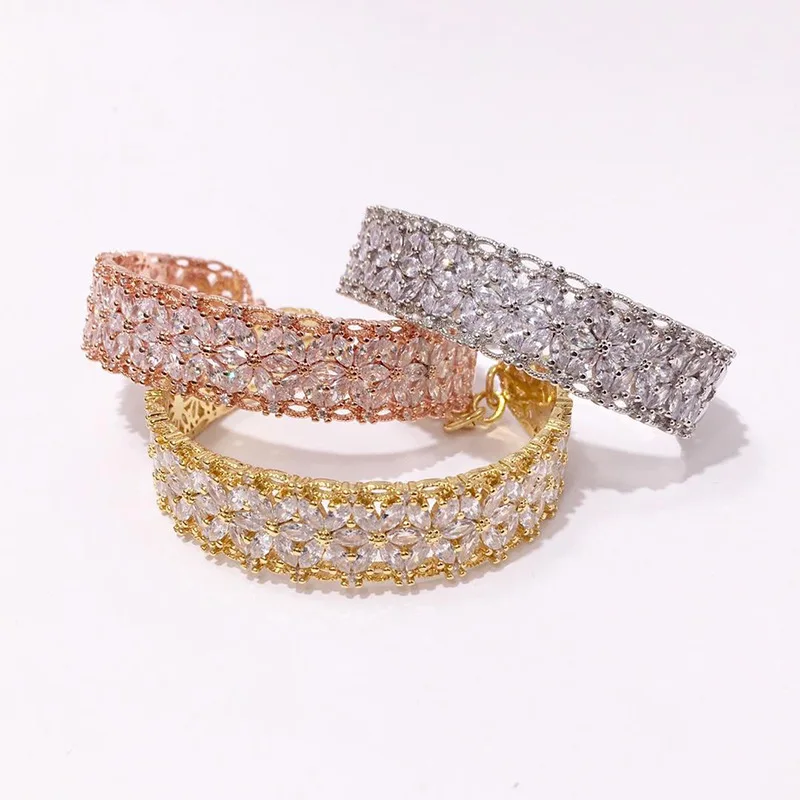3 Tone Gold Rose Gold Silver Floral Cuff Bangle Marquise CZ Hollow Open Cuff Bracelet Wedding Banquet Women Stackable Jewelry