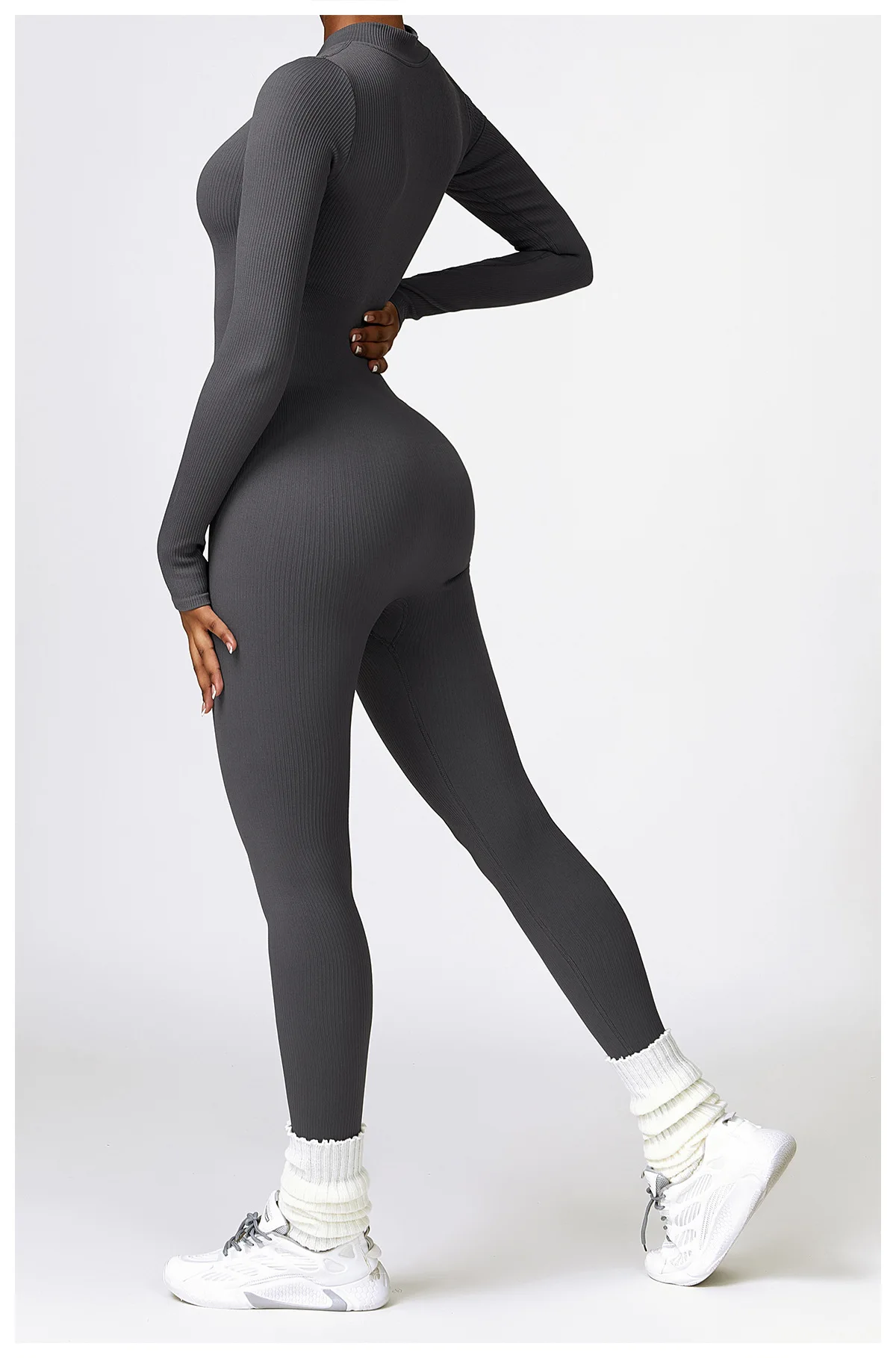 Women\'s Yoga Long Sleeve One Piece Tummy Control Seamless Ribbed Jumpsuit Outdoor Sport Clothes Romper Fashion Fitness Sportwear