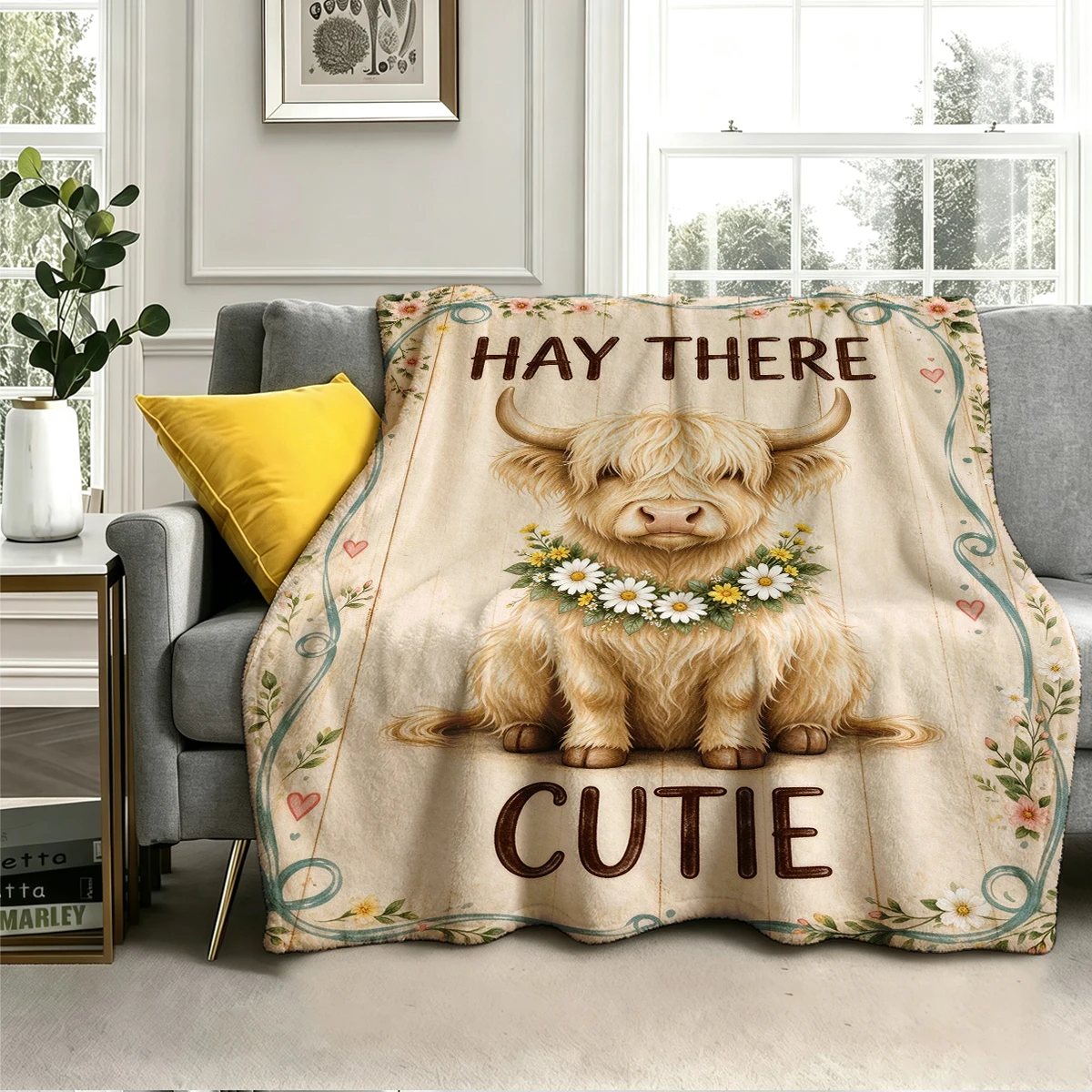 Hay There Cutie Highland Cow Flannel Blanket Warm Soft Halloween Christmas Decorative Couch Warm Cozy All-Season Gift