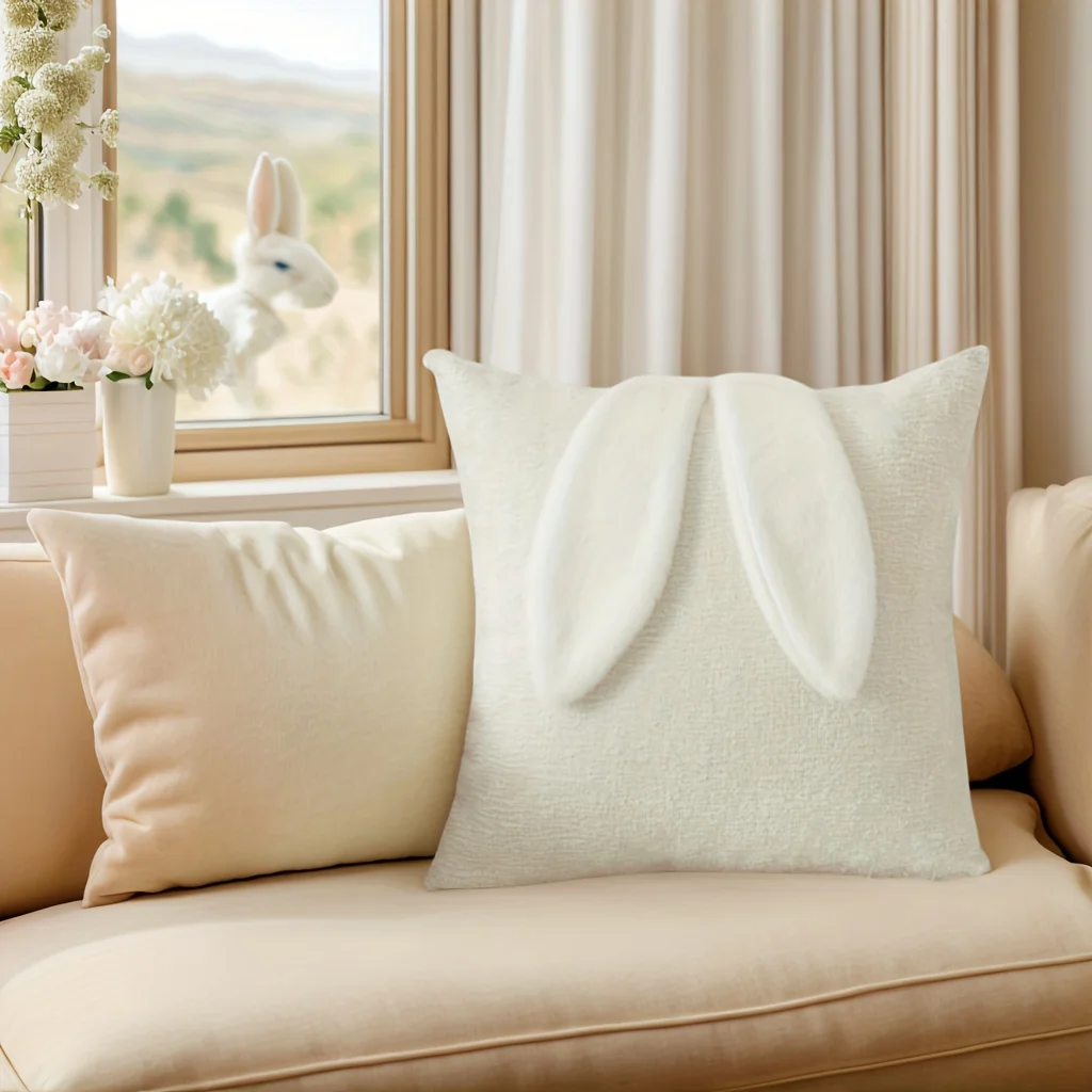 Extra long rabbit ear square pillow, ultra soft plush white/pink cushion, unique holiday gift and home decoration, polyester kni