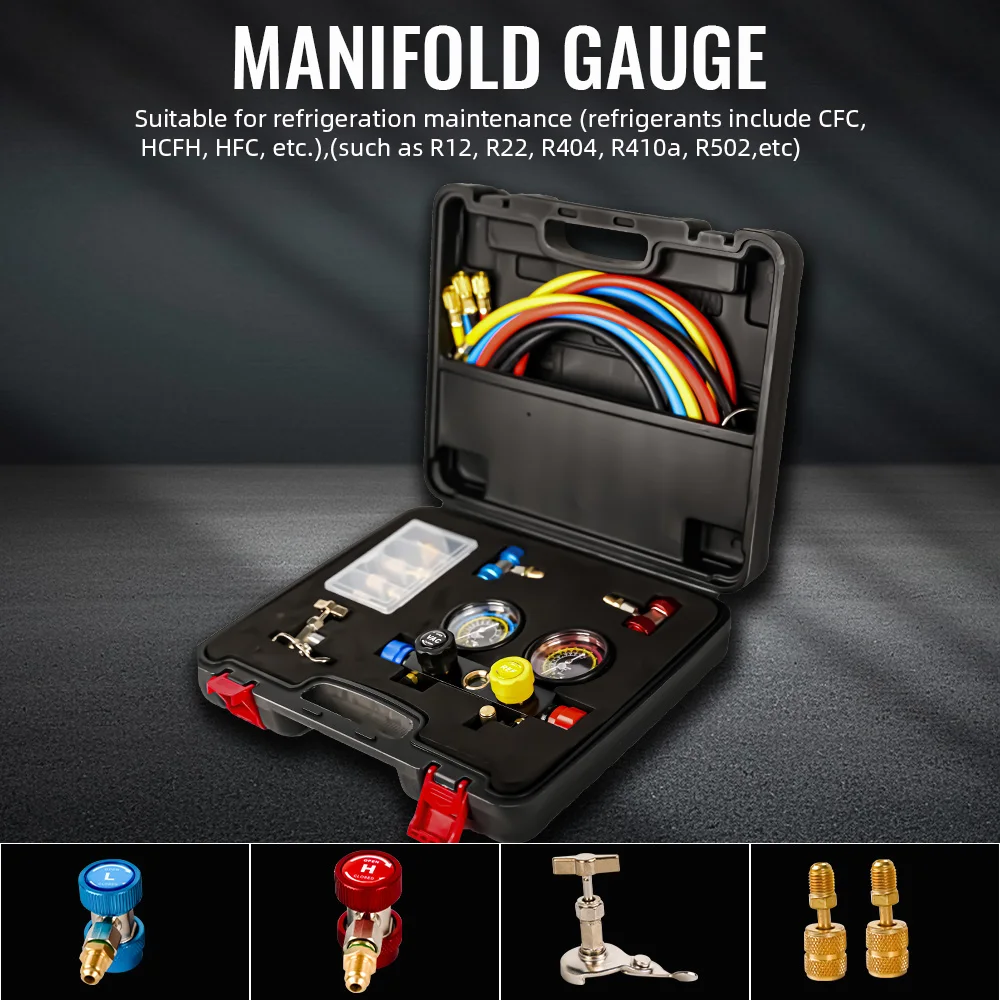 Upgraded 4-Way Air Conditioner Manifold Gauge Kit for R134A R410A R404A R22 Refrigerant with 5 ft Hose and 3 Acme Tanks for Fit