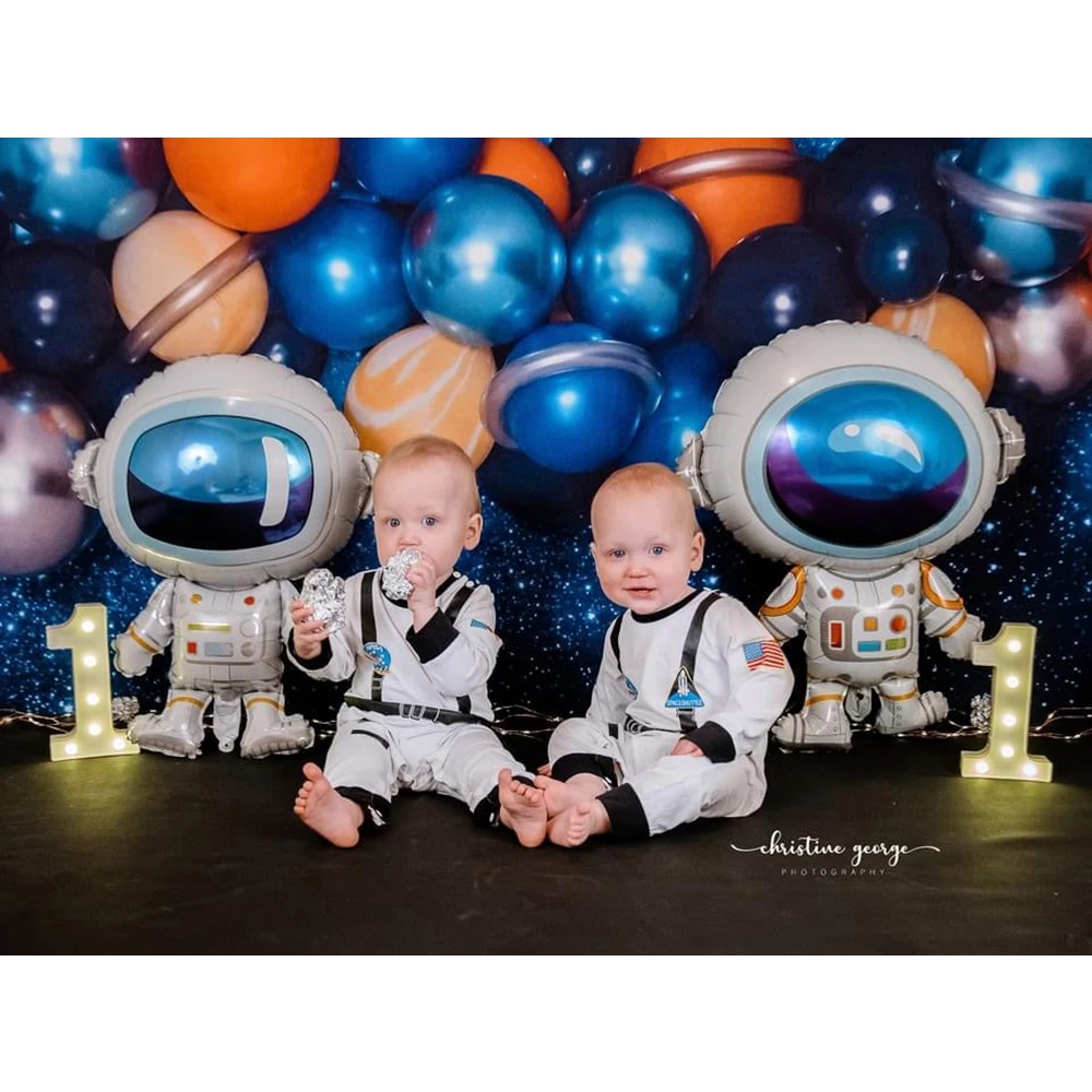 Fondo de fotografía con temática espacial para niños, astronauta, decoración de fiesta de primer cumpleaños, pastel de niño, accesorios de estudio fotográfico