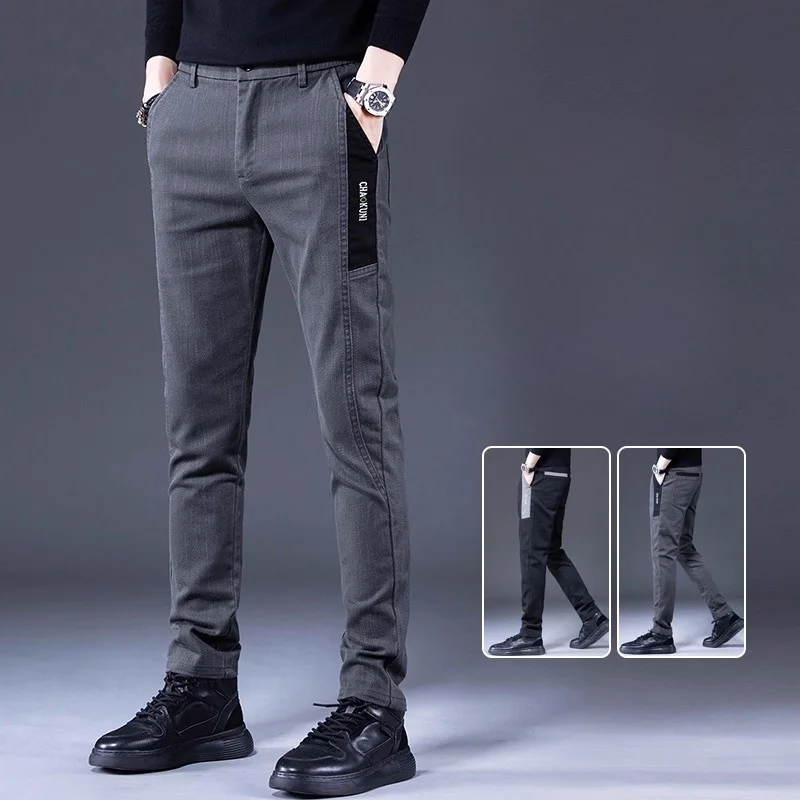 

Повседневные мужские джинсы с лоскутным узором, облегающие, в корейском стиле, с эластичным поясом, длинные, осенне-зимние, модные, из полиэфирного волокна