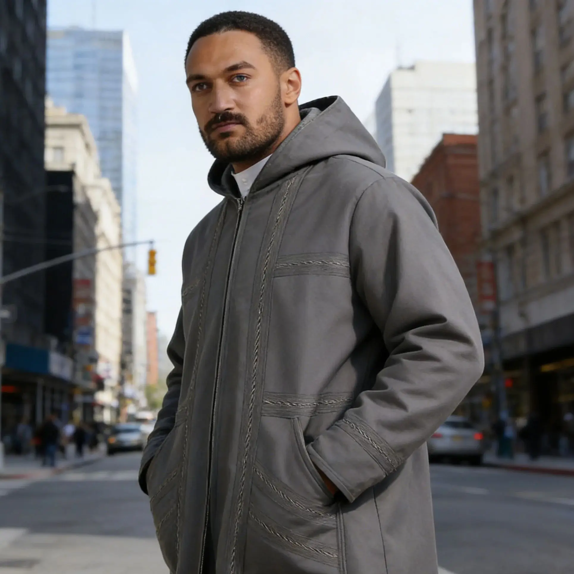 

Зимнее утолщенное удлиненное замшевое мужское длинное пальто, кардиган, теплый халат с карманами и капюшоном, мусульманское платье, исламская одежда, кимоно, открытая Абая