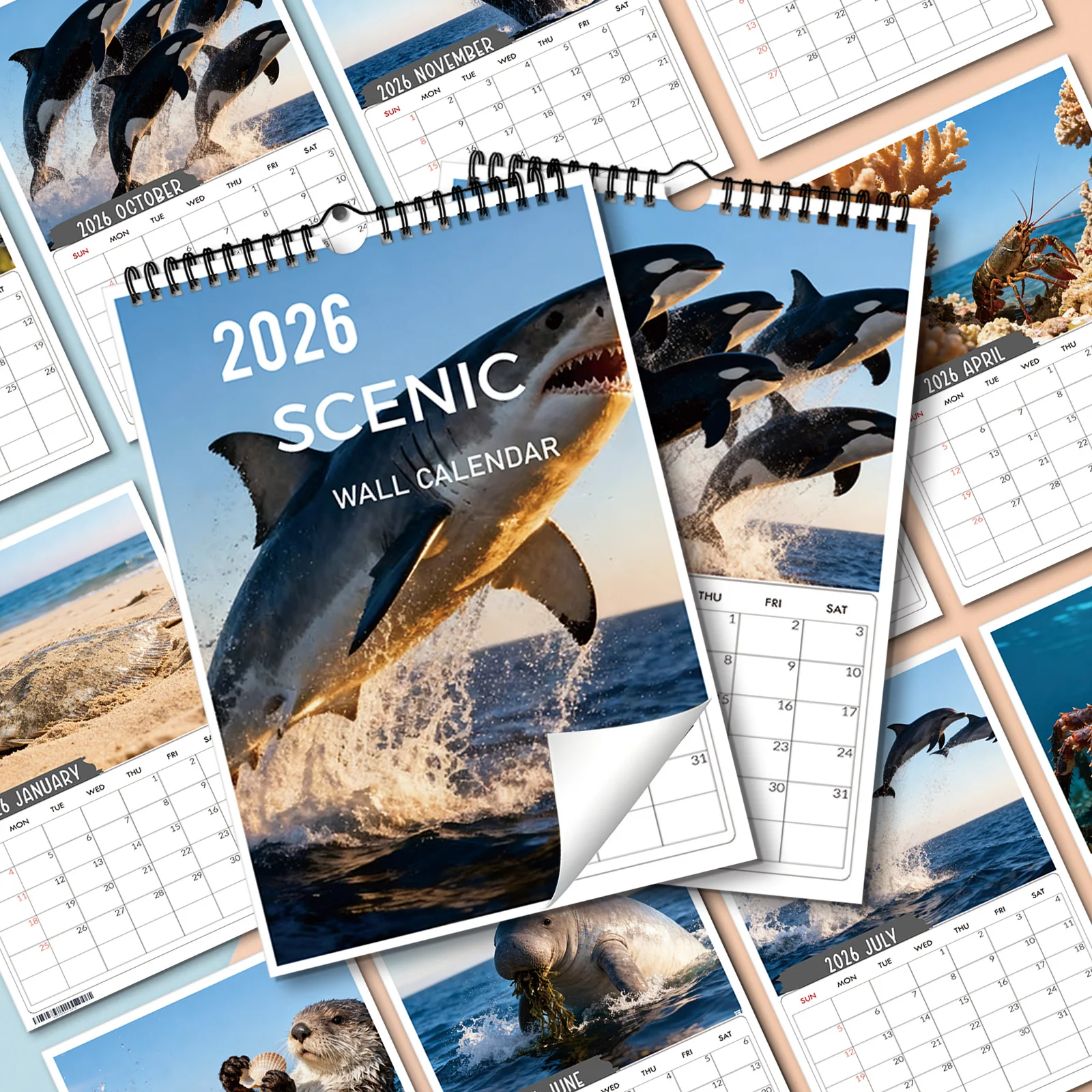 

1PC Stunning Marine Life Calendar With Shark Ocean, Suitable For Home Decor, Ideal For Ocean Enthusiasts, Perfect New Year Gift