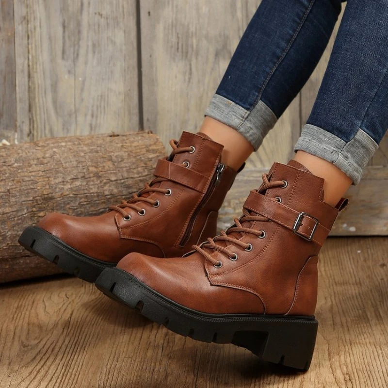 Platform Women Boots Fashion High Quality Women Ankle Boots Retro Round Toe  Motorcycle Boots Punk Style Women Shoes Botas Mujer