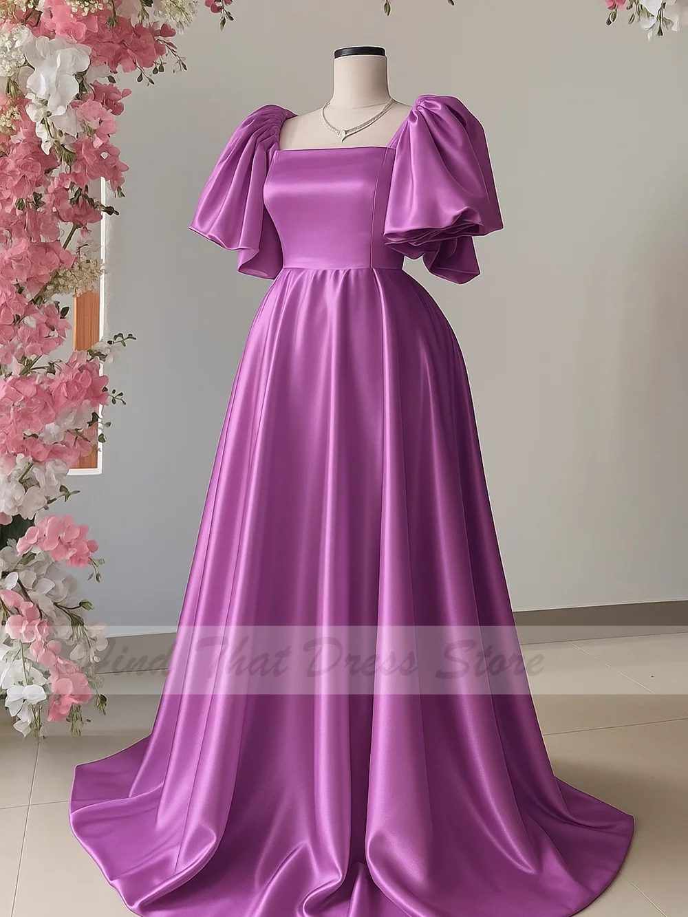 Custom Made Square Collar Satin High Quality Classic Evening Dress with Short Sleeve Backless Draped Floor Length Prom Party