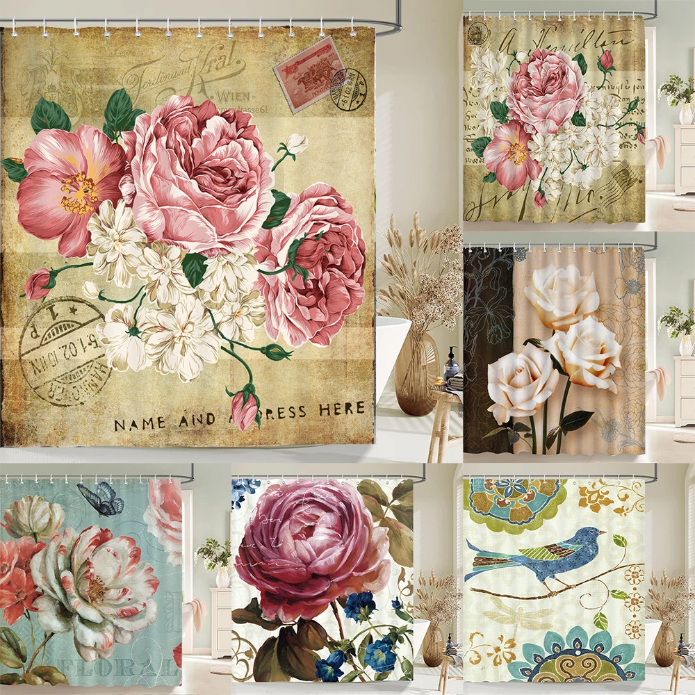 

1 pcs Retro big flowers pattern polyester shower curtain partition floral bathroom curtain with hooks home decorative curtain