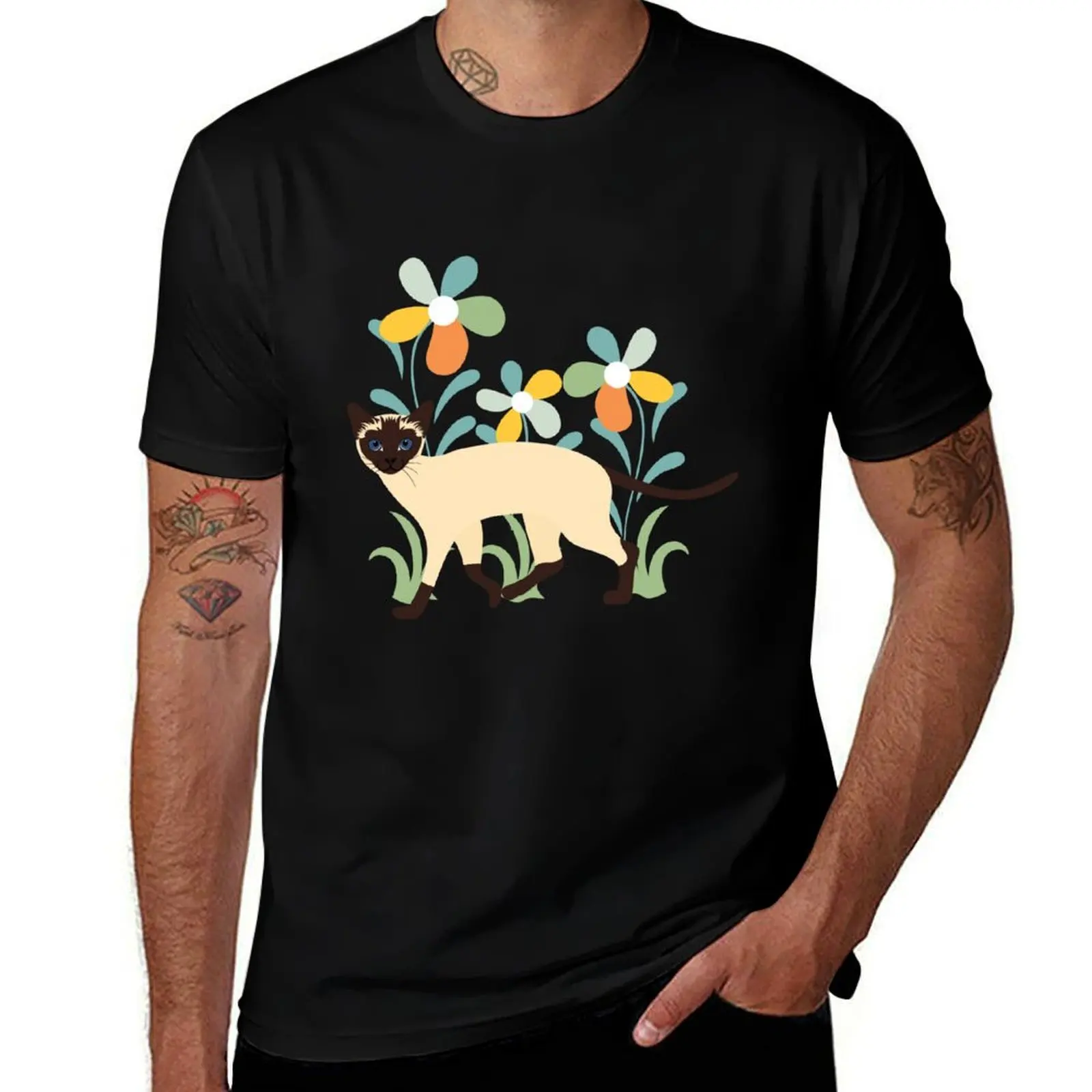 

Siamese Cat and Flowers T-Shirt man t shirt cotton high quality man t shirt luxury t shirts with prints T-Shirt